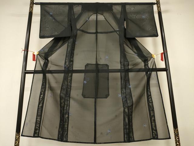 平和屋着物＊夏物　小紋　紗　流水舞葉文　黒地　正絹　逸品　AABJ2493jd