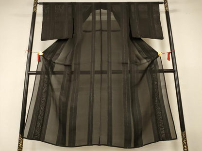 平和屋着物＊夏物　小紋　紗　間道　黒地　銀糸　正絹　逸品　未使用　AABJ2496jd