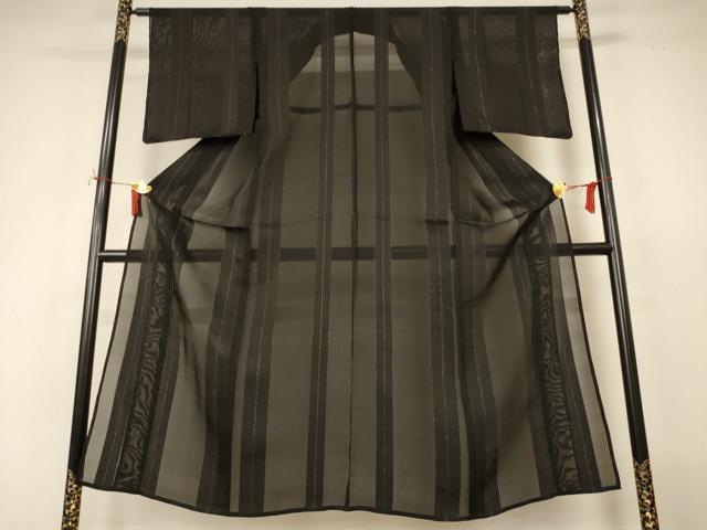 平和屋着物＊夏物　小紋　紗　間道　黒地　銀糸　正絹　逸品　未使用　AABJ2496jd