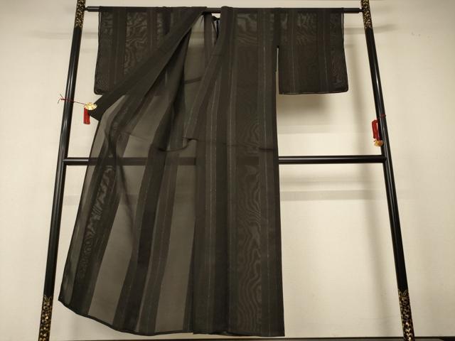平和屋着物＊夏物　小紋　紗　間道　黒地　銀糸　正絹　逸品　未使用　AABJ2496jd