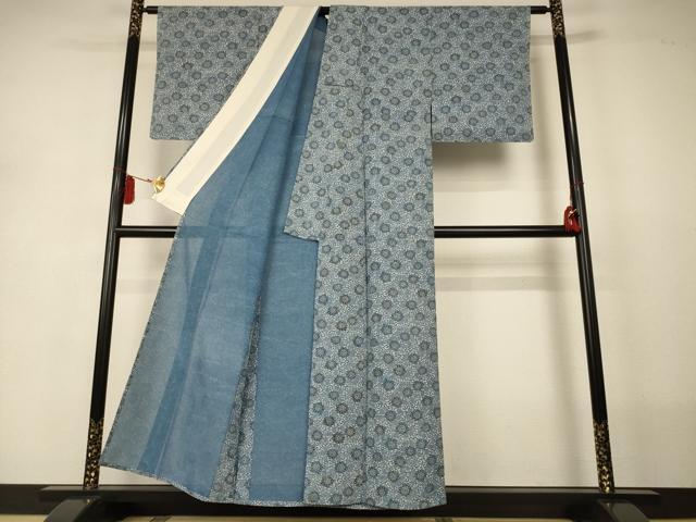 平和屋着物＊夏物　小紋　絽　藍　型染め　花尽くし　正絹　逸品　AABJ2518jd