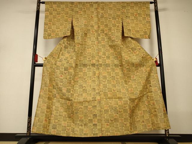 平和屋着物＊夏物　生紬　紗　型染め　市松舞蝶文　正絹　逸品　AABJ2528jd