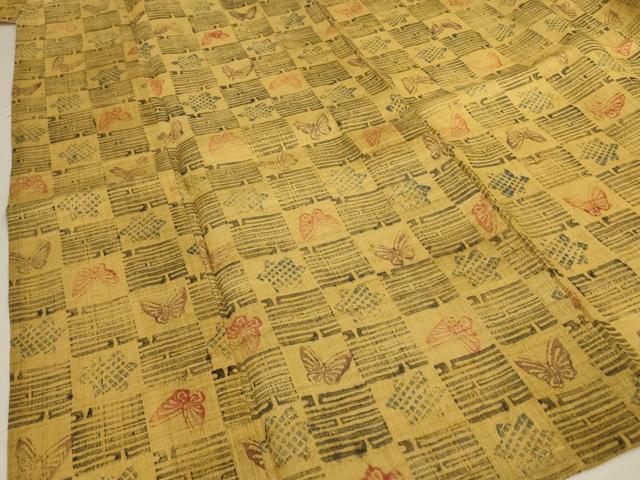 平和屋着物＊夏物　生紬　紗　型染め　市松舞蝶文　正絹　逸品　AABJ2528jd