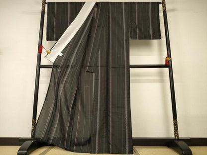 平和屋着物＊夏物　小紋　縦絽　間道　黒地　洗える着物　未使用　AABJ2529jd