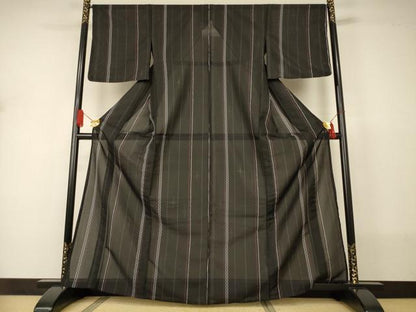 平和屋着物＊夏物　小紋　縦絽　間道　黒地　洗える着物　未使用　AABJ2529jd