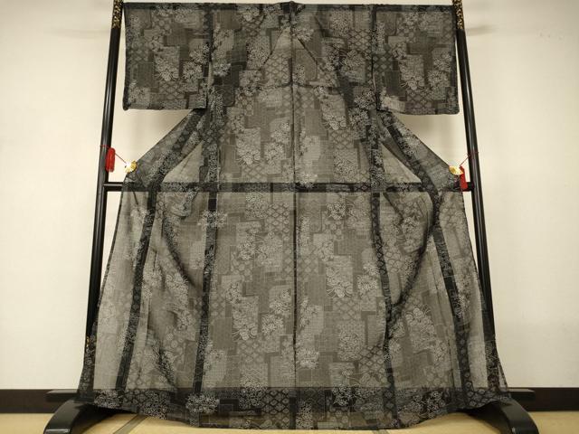 平和屋着物＊夏物　小紋　紗　色紙吉祥花文　黒地　洗える着物　未使用　AABJ2532jd