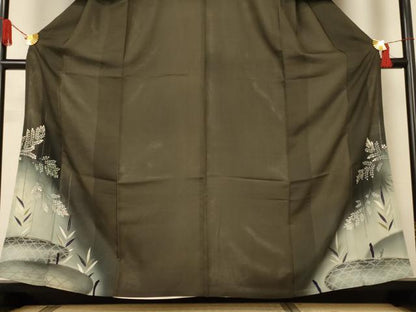 平和屋着物＊夏物　アンティーク　大正ロマン　黒留袖　絽　刺繍　草花文　暈し染め　正絹　逸品　AABJ2544jd