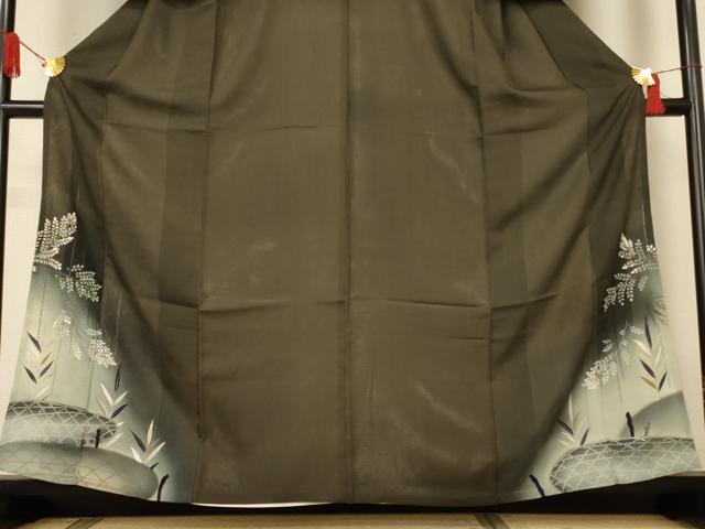 平和屋着物＊夏物　アンティーク　大正ロマン　黒留袖　絽　刺繍　草花文　暈し染め　正絹　逸品　AABJ2544jd