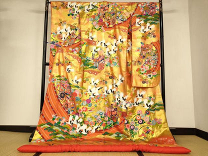 平和屋本店●本手描友禅作家 秋山章 色打掛 婚礼 和装 神社挙式 結婚式 花嫁 御所車絵巻花鳥文 金銀彩 暈し染め 逸品 AABJ2645fw