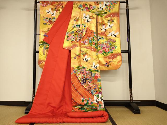 平和屋本店●本手描友禅作家 秋山章 色打掛 婚礼 和装 神社挙式 結婚式 花嫁 御所車絵巻花鳥文 金銀彩 暈し染め 逸品 AABJ2645fw