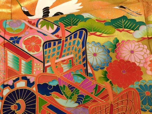 平和屋本店●本手描友禅作家 秋山章 色打掛 婚礼 和装 神社挙式 結婚式 花嫁 御所車絵巻花鳥文 金銀彩 暈し染め 逸品 AABJ2645fw