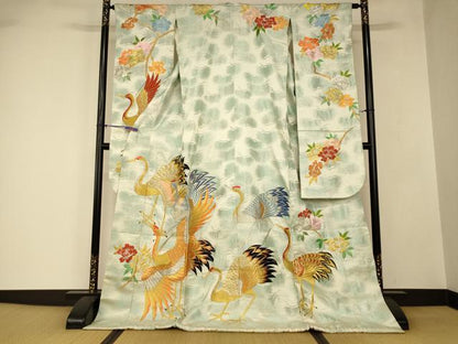 平和屋本店●お引きずり・お引き摺り・引き振袖　和装　結婚式　舞妓　芸妓　芸者　総刺繍　群鶴枝花文　金銀糸　銀通し地　AABJ2671fw