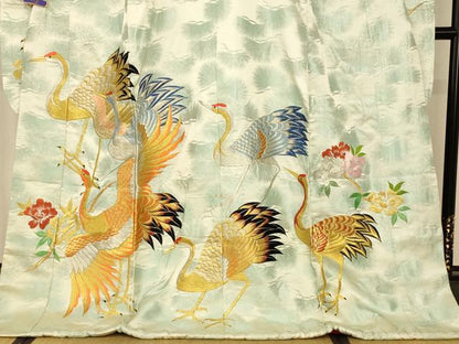 平和屋本店●お引きずり・お引き摺り・引き振袖　和装　結婚式　舞妓　芸妓　芸者　総刺繍　群鶴枝花文　金銀糸　銀通し地　AABJ2671fw