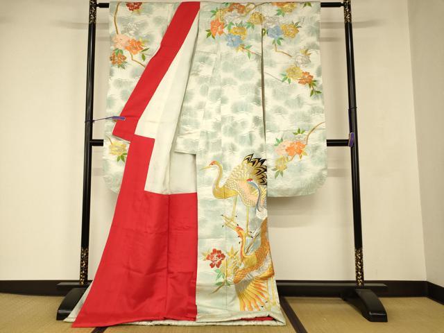平和屋本店●お引きずり・お引き摺り・引き振袖　和装　結婚式　舞妓　芸妓　芸者　総刺繍　群鶴枝花文　金銀糸　銀通し地　AABJ2671fw
