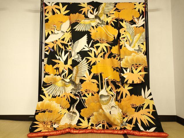 平和屋本店●色打掛　和装　婚礼　結婚式　花嫁　神社挙式　駒刺繍　飛鶴笹竹文　黒地　金糸　金彩　逸品　AABJ2710fw