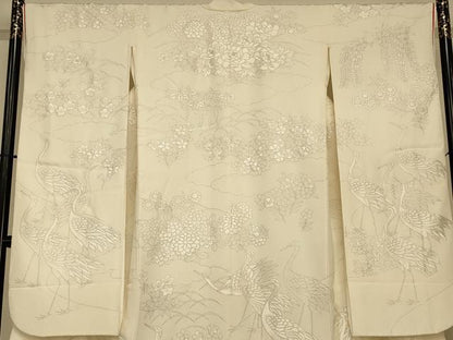平和屋本店●本手描友禅作家　秋山章　白打掛　白無垢　和装　婚礼　結婚式　花嫁　神社挙式　刺繍　群れ鶴草花文　銀彩　逸品　AABJ2714fw