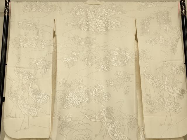 平和屋本店●本手描友禅作家　秋山章　白打掛　白無垢　和装　婚礼　結婚式　花嫁　神社挙式　刺繍　群れ鶴草花文　銀彩　逸品　AABJ2714fw
