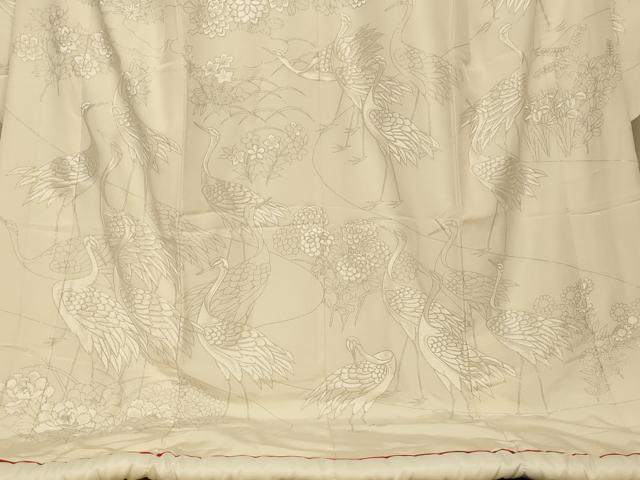 平和屋本店●本手描友禅作家　秋山章　白打掛　白無垢　和装　婚礼　結婚式　花嫁　神社挙式　刺繍　群れ鶴草花文　銀彩　逸品　AABJ2714fw
