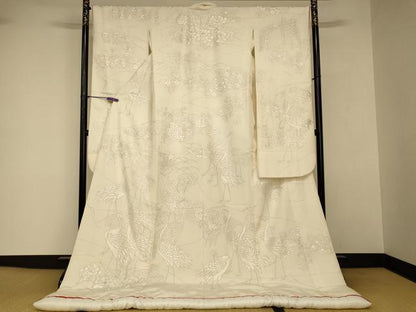 平和屋本店●本手描友禅作家　秋山章　白打掛　白無垢　和装　婚礼　結婚式　花嫁　神社挙式　刺繍　群れ鶴草花文　銀彩　逸品　AABJ2714fw