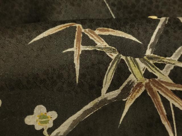 平和屋本店▼アンティーク　大正ロマン　黒留袖　手描き　刺繍　笹梅文　銀糸　正絹　逸品　AABJ2719fw