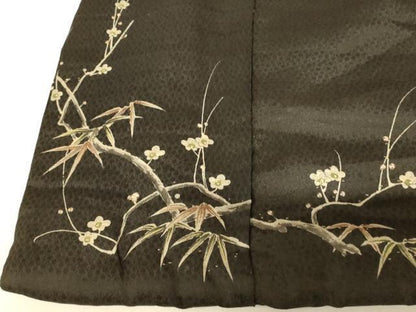 平和屋本店▼アンティーク　大正ロマン　黒留袖　手描き　刺繍　笹梅文　銀糸　正絹　逸品　AABJ2719fw