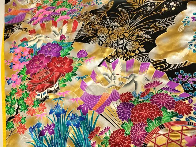 平和屋本店●お引きずり・お引き摺り・引き振袖 和装 結婚式 舞妓 芸妓 芸者 衣装 飛鶴風景扇子文 暈し染め 黒地 金銀彩 AABJ2723fw