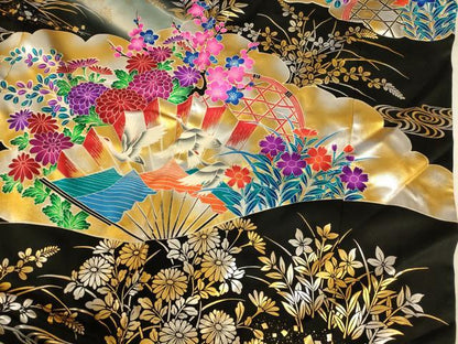 平和屋本店●お引きずり・お引き摺り・引き振袖 和装 結婚式 舞妓 芸妓 芸者 衣装 飛鶴風景扇子文 暈し染め 黒地 金銀彩 AABJ2723fw
