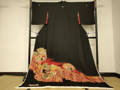 平和屋本店●お引きずり・お引き摺り・引き黒留袖　和装　結婚式　舞妓　芸妓　芸者　衣装　女人花鳥扇子文　暈し染め　金銀彩　AABJ2727fw