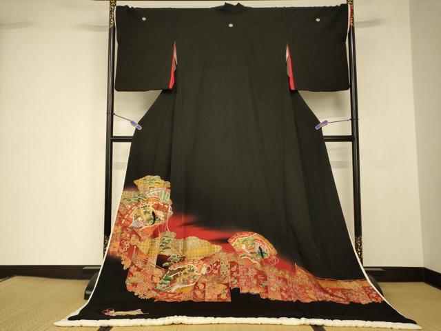 平和屋本店●お引きずり・お引き摺り・引き黒留袖　和装　結婚式　舞妓　芸妓　芸者　衣装　女人花鳥扇子文　暈し染め　金銀彩　AABJ2727fw