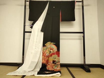 平和屋本店●お引きずり・お引き摺り・引き黒留袖　和装　結婚式　舞妓　芸妓　芸者　衣装　女人花鳥扇子文　暈し染め　金銀彩　AABJ2727fw