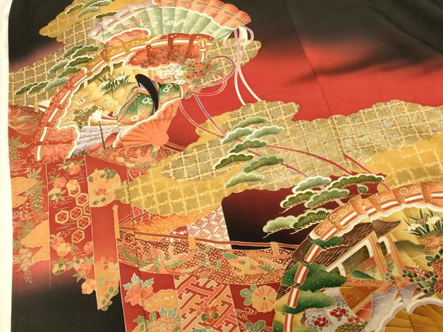 平和屋本店●お引きずり・お引き摺り・引き黒留袖　和装　結婚式　舞妓　芸妓　芸者　衣装　女人花鳥扇子文　暈し染め　金銀彩　AABJ2727fw