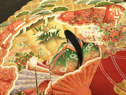平和屋本店●お引きずり・お引き摺り・引き黒留袖　和装　結婚式　舞妓　芸妓　芸者　衣装　女人花鳥扇子文　暈し染め　金銀彩　AABJ2727fw