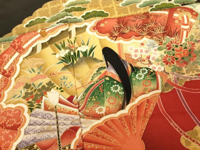 平和屋本店●お引きずり・お引き摺り・引き黒留袖　和装　結婚式　舞妓　芸妓　芸者　衣装　女人花鳥扇子文　暈し染め　金銀彩　AABJ2727fw