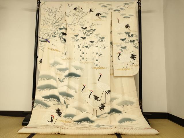 平和屋本店●本手描友禅作家　秋山章　色打掛　和装　婚礼　結婚式　花嫁　神社挙式　松竹梅群れ鶴文　金彩　逸品　AABJ2734fw
