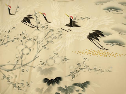平和屋本店●本手描友禅作家　秋山章　色打掛　和装　婚礼　結婚式　花嫁　神社挙式　松竹梅群れ鶴文　金彩　逸品　AABJ2734fw