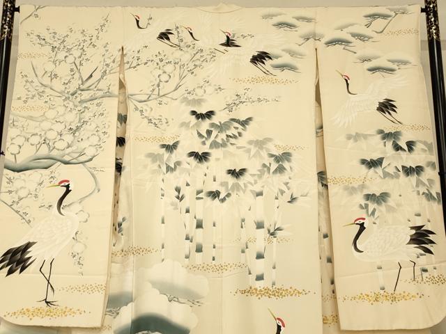 平和屋本店●本手描友禅作家　秋山章　色打掛　和装　婚礼　結婚式　花嫁　神社挙式　松竹梅群れ鶴文　金彩　逸品　AABJ2734fw