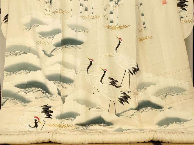 平和屋本店●本手描友禅作家　秋山章　色打掛　和装　婚礼　結婚式　花嫁　神社挙式　松竹梅群れ鶴文　金彩　逸品　AABJ2734fw