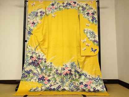 平和屋本店●お引きずり・お引き摺り・引き振袖　和装　結婚式　舞妓　芸妓　芸者　衣装　草花舞蝶文　暈し染め　金銀彩　逸品　AABJ2740fw