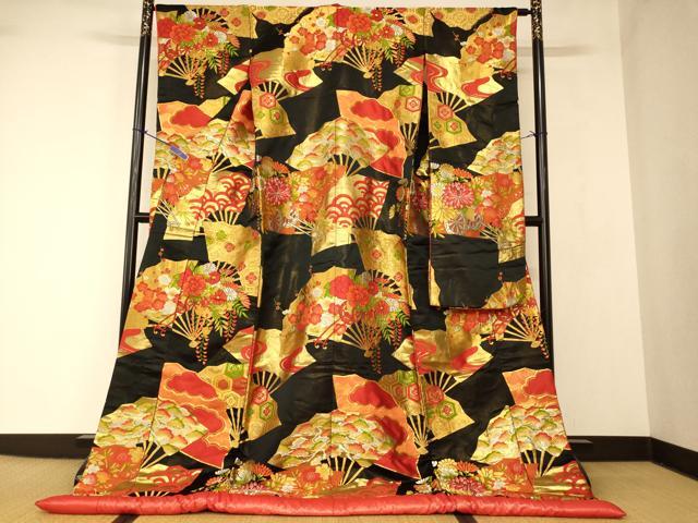 平和屋本店●色打掛　和装　婚礼　結婚式　花嫁　神社挙式　駒刺繍　吉祥花車扇子文　黒地　金銀糸　金通し地　逸品　AABJ2751fw