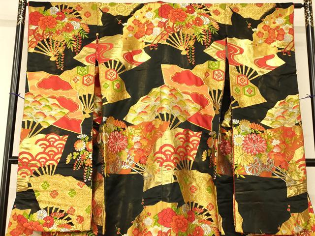 平和屋本店●色打掛　和装　婚礼　結婚式　花嫁　神社挙式　駒刺繍　吉祥花車扇子文　黒地　金銀糸　金通し地　逸品　AABJ2751fw