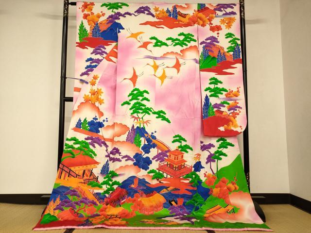 平和屋本店●お引きずり・お引き摺り・引き振袖 和装 結婚式 舞妓 芸妓 芸者 衣装 手描き 飛鶴松梅風景文 暈し染め 逸品 AABJ2753fw