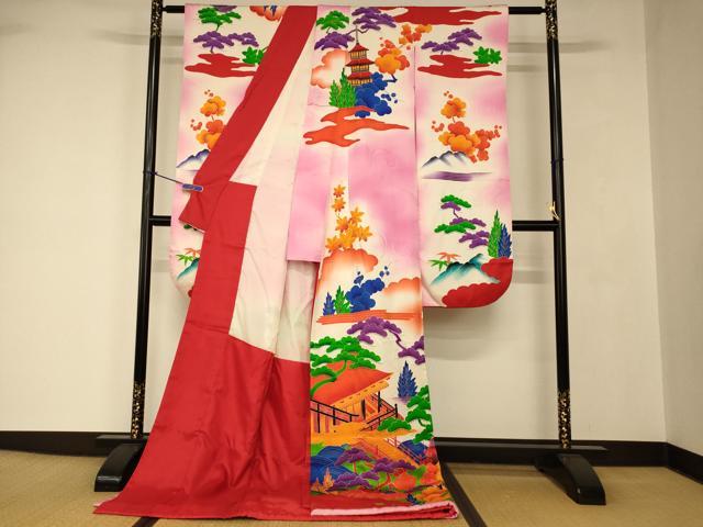平和屋本店●お引きずり・お引き摺り・引き振袖 和装 結婚式 舞妓 芸妓 芸者 衣装 手描き 飛鶴松梅風景文 暈し染め 逸品 AABJ2753fw