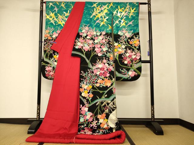 平和屋本店●本手描友禅作家　秋山章　色打掛　和装　婚礼　結婚式　花嫁　神社挙式　枝梅飛鶴文　黒地　金銀糸　金銀彩　逸品　AABJ2777fw