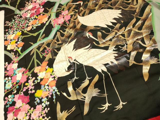 平和屋本店●本手描友禅作家　秋山章　色打掛　和装　婚礼　結婚式　花嫁　神社挙式　枝梅飛鶴文　黒地　金銀糸　金銀彩　逸品　AABJ2777fw