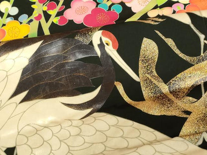 平和屋本店●本手描友禅作家　秋山章　色打掛　和装　婚礼　結婚式　花嫁　神社挙式　枝梅飛鶴文　黒地　金銀糸　金銀彩　逸品　AABJ2777fw