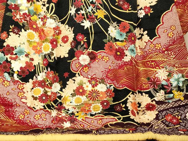 平和屋本店●お引きずり・お引き摺り・引き振袖 和装 結婚式 舞妓 芸妓 芸者 衣装 駒刺繍 草花丸文 黒地 金銀彩 逸品 AABJ2779fw