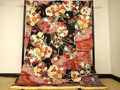 平和屋本店●お引きずり・お引き摺り・引き振袖 和装 結婚式 舞妓 芸妓 芸者 衣装 駒刺繍 草花丸文 黒地 金銀彩 逸品 AABJ2779fw