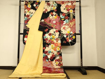 平和屋本店●お引きずり・お引き摺り・引き振袖 和装 結婚式 舞妓 芸妓 芸者 衣装 駒刺繍 草花丸文 黒地 金銀彩 逸品 AABJ2779fw
