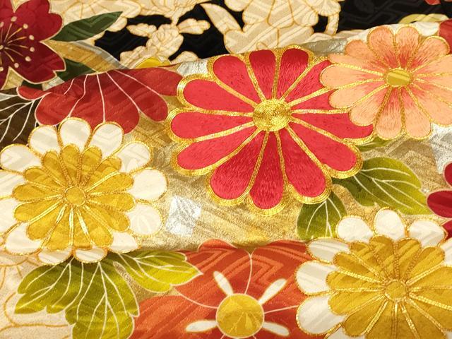 平和屋本店●お引きずり・お引き摺り・引き振袖 和装 結婚式 舞妓 芸妓 芸者 衣装 駒刺繍 草花丸文 黒地 金銀彩 逸品 AABJ2779fw