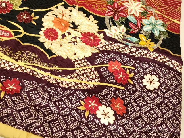 平和屋本店●お引きずり・お引き摺り・引き振袖 和装 結婚式 舞妓 芸妓 芸者 衣装 駒刺繍 草花丸文 黒地 金銀彩 逸品 AABJ2779fw